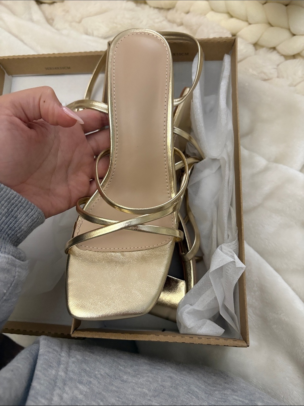 Metallic Gold Strappy Square-Toe Heeled Sandals